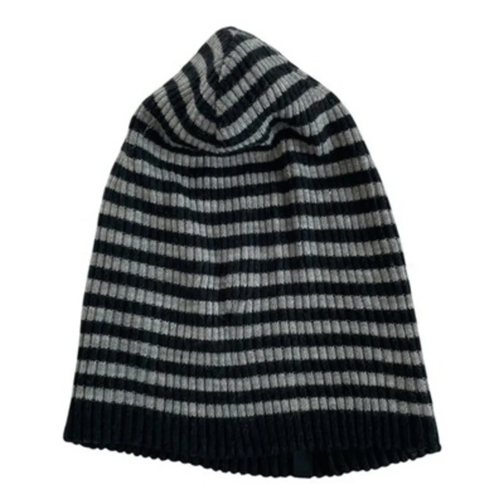 CRP Black Gray Striped Rib Knit Beanie Hat Adult One Size Wool Blend Unisex VG